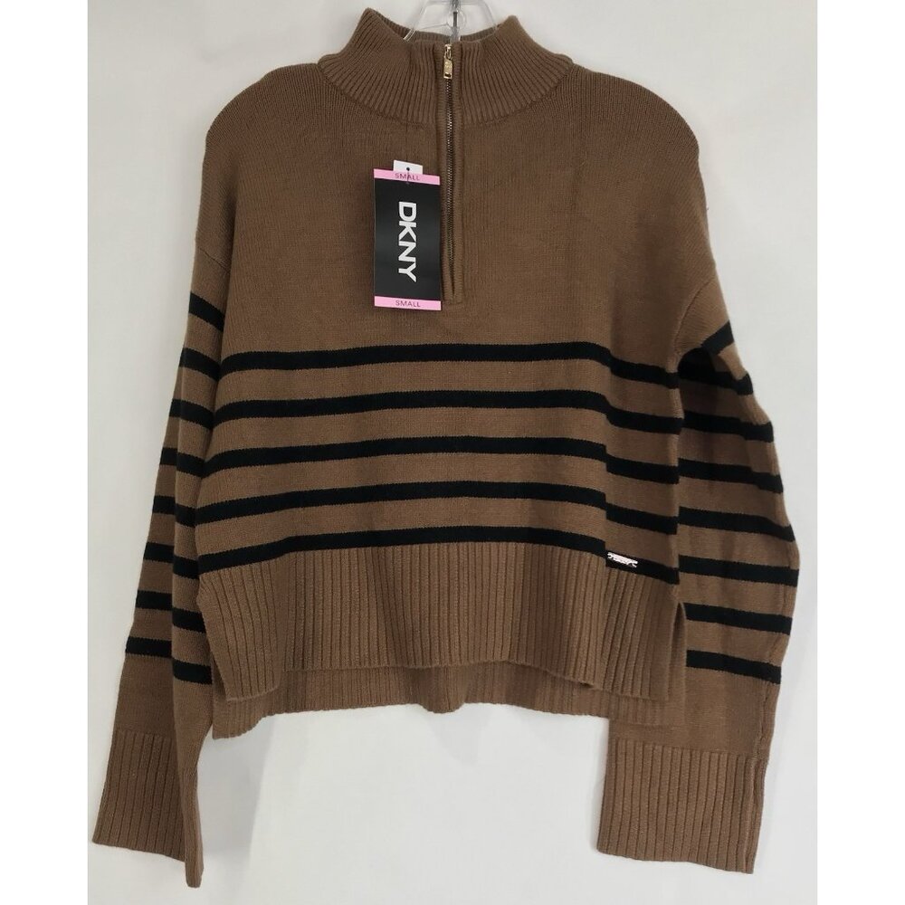 DKNY Sweater Womens Size Small Brown Black Striped‎ 1/4 Zip Long Sleeve Ladies